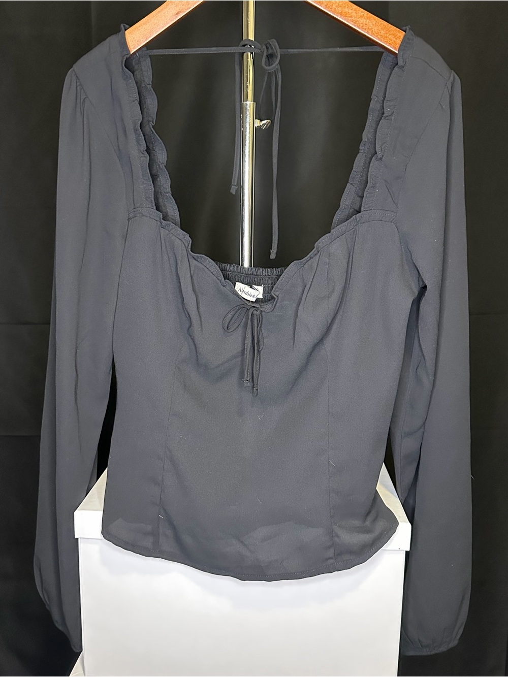 Abercrombie & Fitch Black Long-Sleeve Peasant Top with Tie Neck